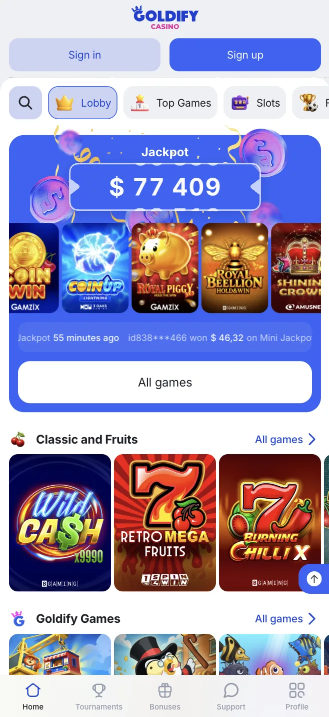 Goldify Casino mobile jackpot section and classic fruit slots
